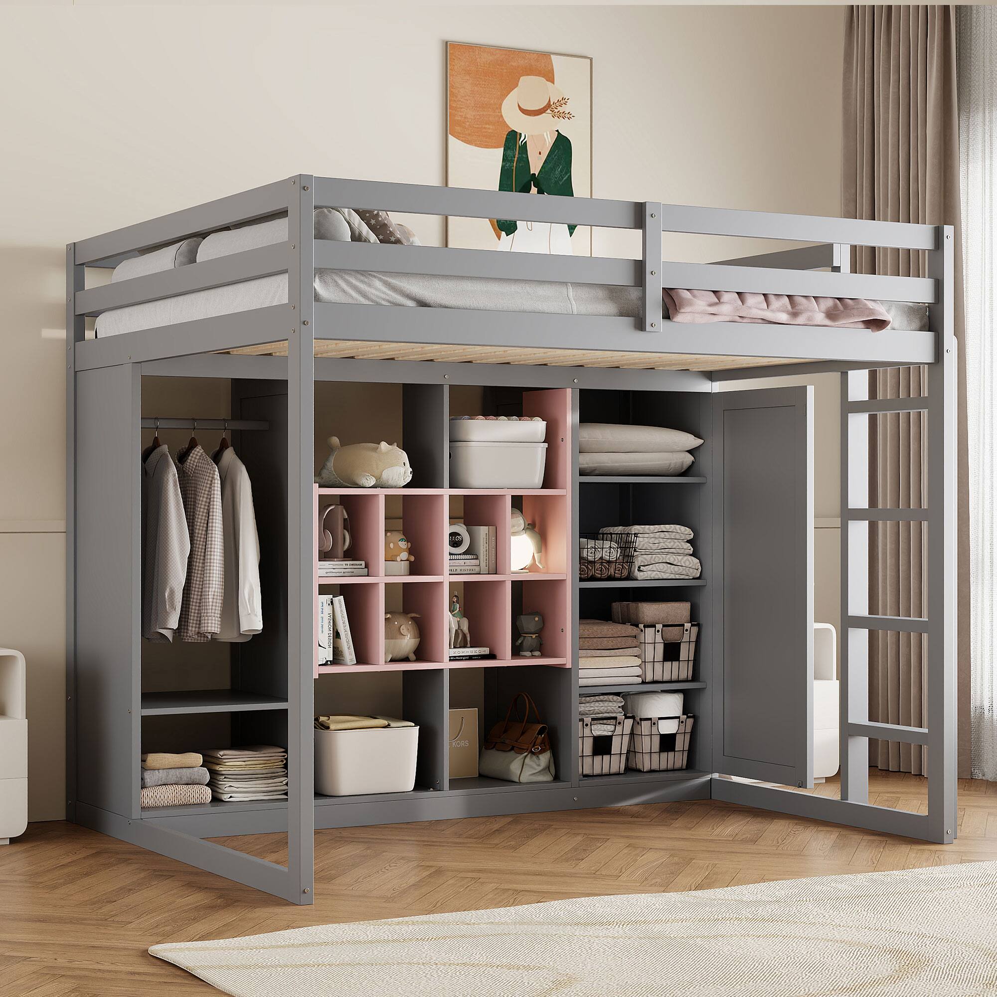 Angle. Anysun - Full Size Wood Loft Bed with Wardrobe, shelves and Cabinet - Gray.