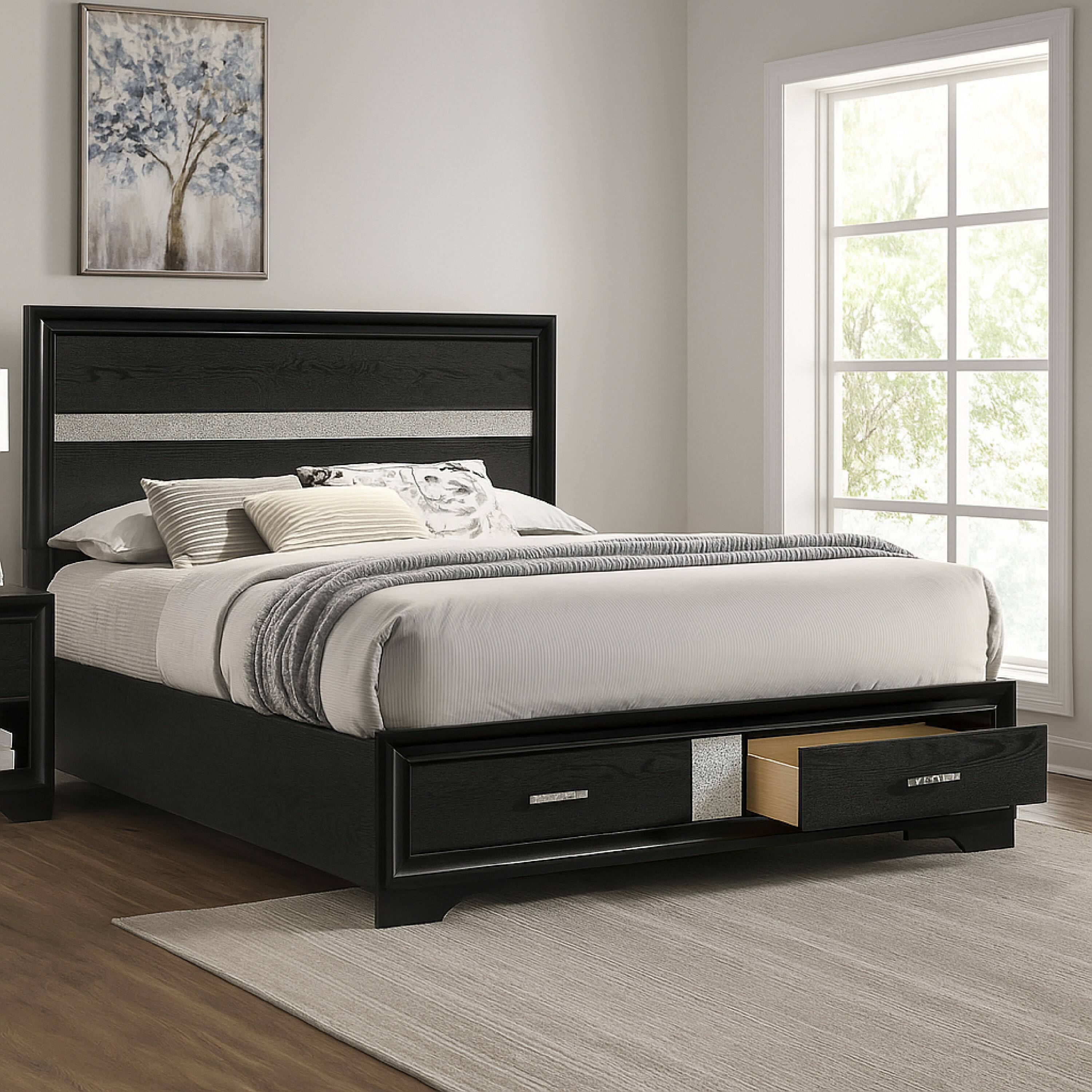 Alt View 5. Manhattan Lane - Transitional 2 Drawer Wooden Queen Size Bed with Glitter Stripe - Black and Silver.