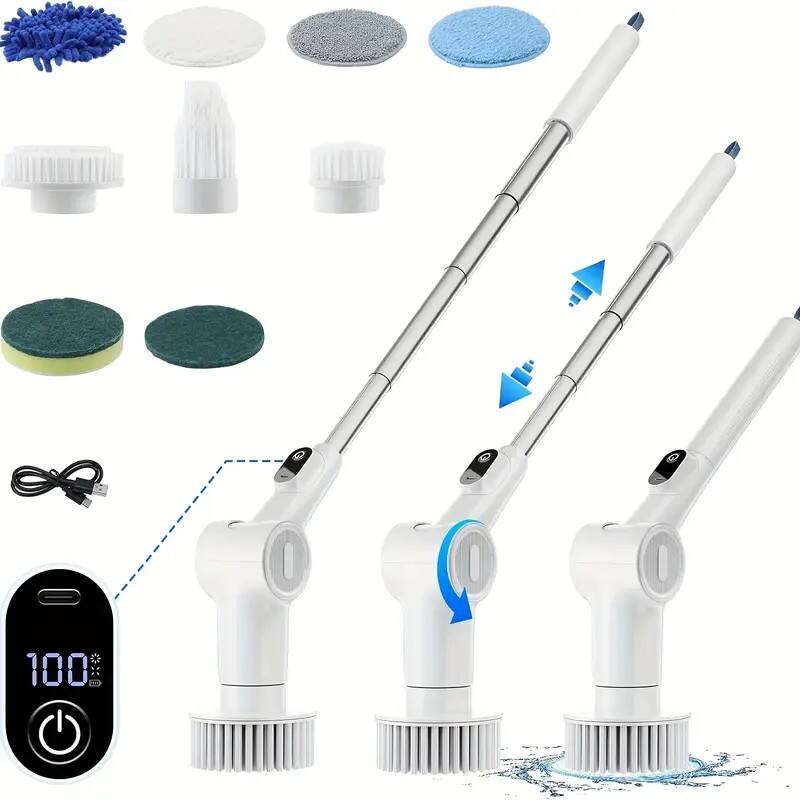 MOOSOO - Electric Spin Scrubber, Cordless Cleaning Brush Scrubber for Home, 9 Replaceable Brush Heads, 3 Adjustable Size, 2 Speed - White