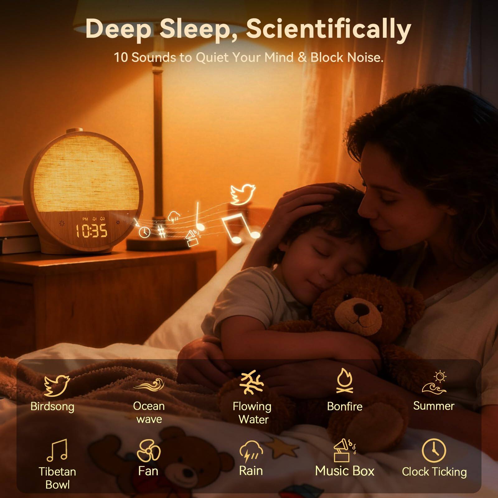 Deep Sleep, Scientifically  
10 Sounds to Quiet Your Mind & Block Noise.

- Birds
- Ocean wave
- Flowing Water
- Bonfire
- Summer
- Tibetan Bowl
- Fan
- Rain
- Music Box
- Clock Ticking