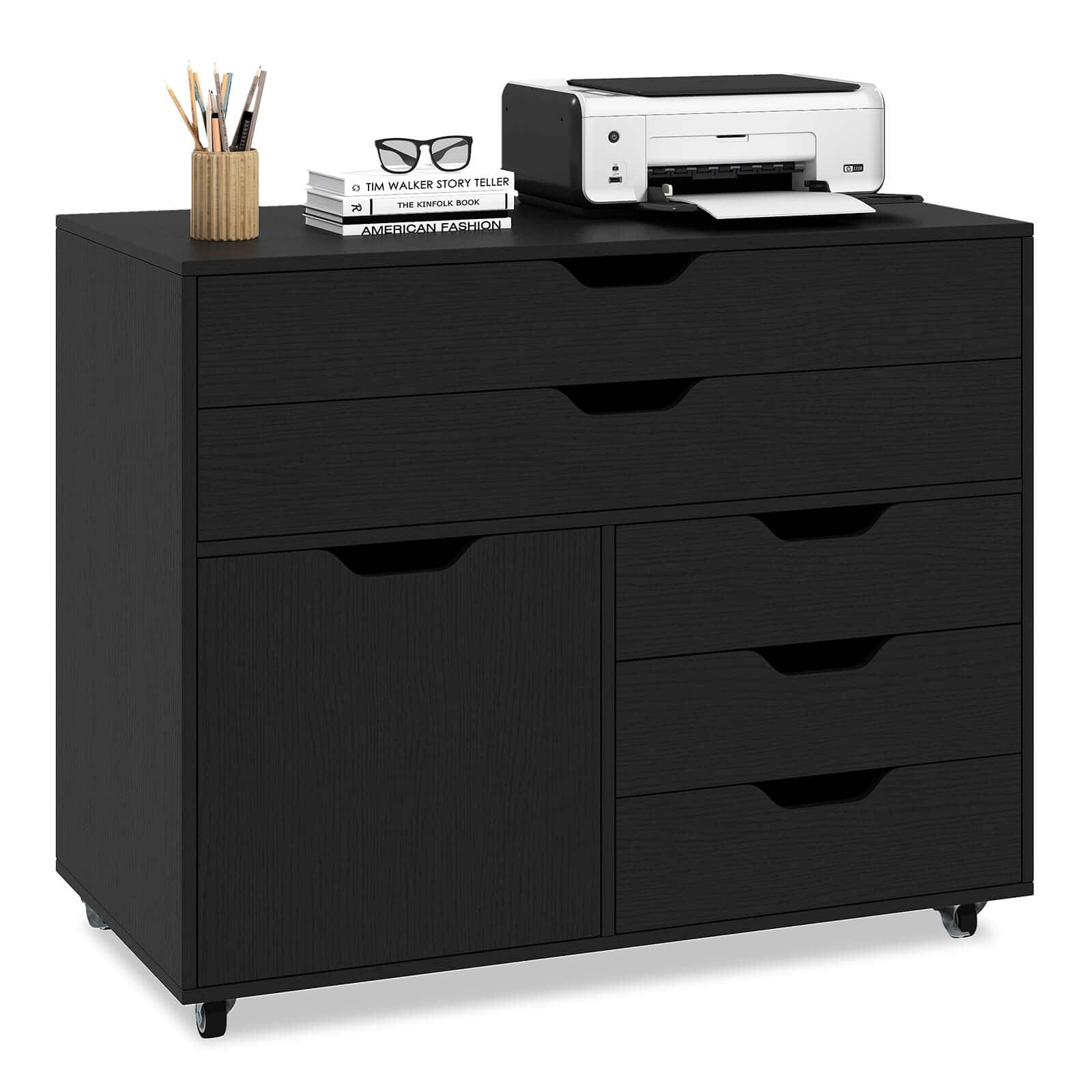 Costway - 5-Drawer File Cabinet Mobile Chest of Drawers with Side Cabinet 5 Casters - Black