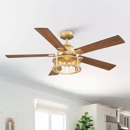 Front. Parrot Uncle - 52 in. Modern Mesh Metal Reversible Blades Gold Ceiling Fan with Light and Remote - Gold.