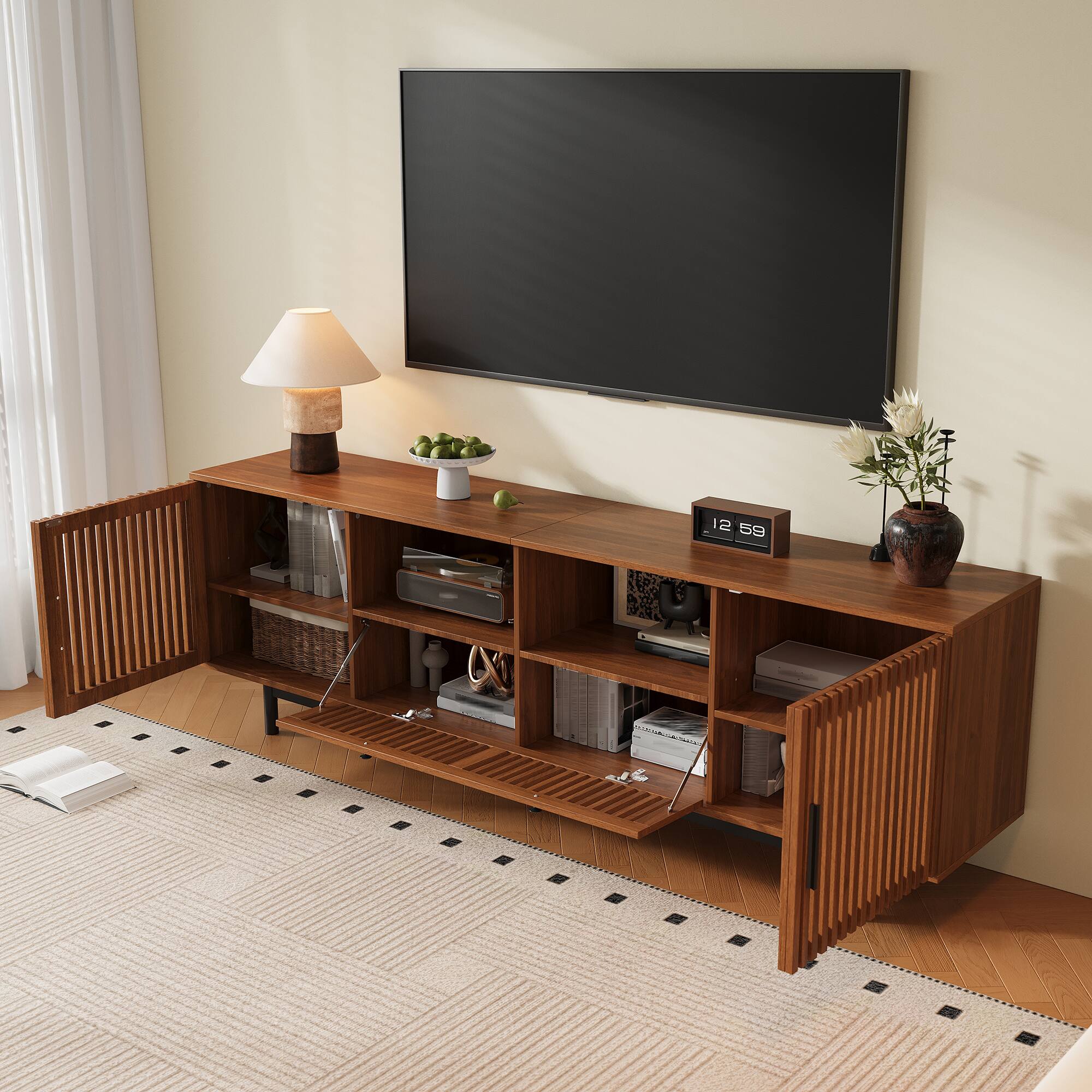 Angle. MERAVOM - Mid-Century Modern TV Stand for TVs Up to 85", Entertainment Center with 2 Storage Cabinets, 2 Drawers & 2 Open Shelves - Walnut.