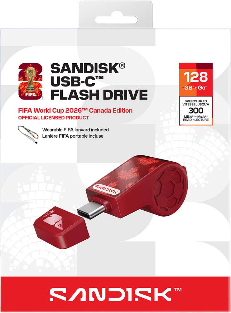 SANDISK USB-C FLASH DRIVE  
FIFA World Cup 2026™ Canada Edition  
OFFICIAL LICENSED PRODUCT  

128 GB  
SPEEDS UP TO 300 MB/s*  
VITESSE JUSQU'À 300 Mo/s**  

Wearable FIFA lanyard included  
Lanière FIFA portable incluse  

SANDISK