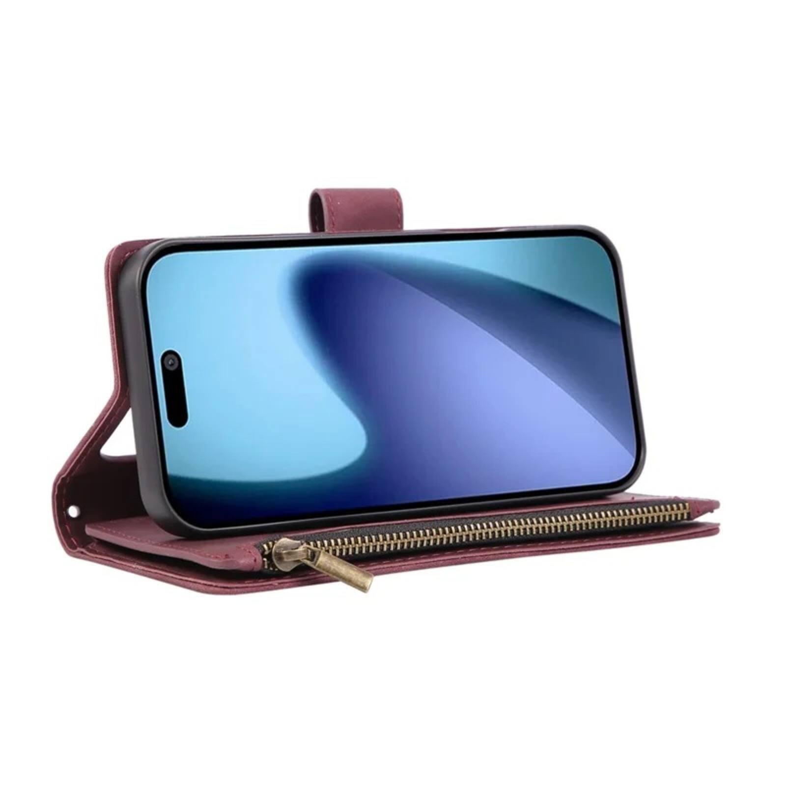 Alt View 2. UUCOVER - Wallet Case for Apple iPhone 17 Pro with Card Slots Cash Holder, Zipper Pocket, Wrist & Shoulder Strap, Flip Stand Cover - Winered.