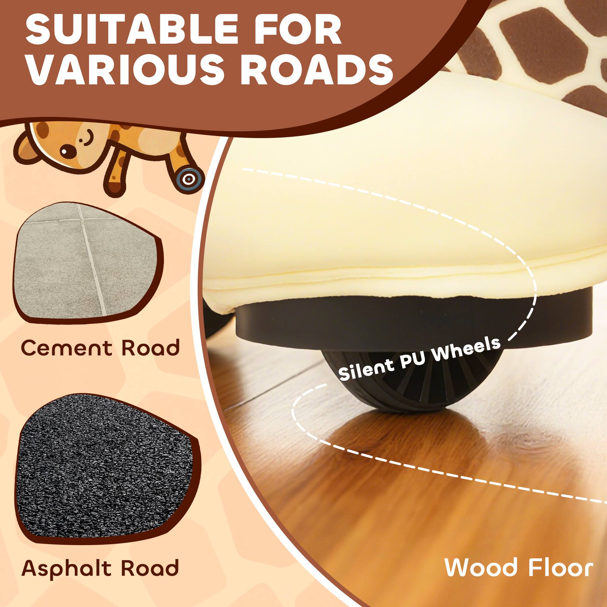 SUITABLE FOR VARIOUS ROADS

- Cement Road
- Asphalt Road
- Wood Floor

Silent PU Wheels