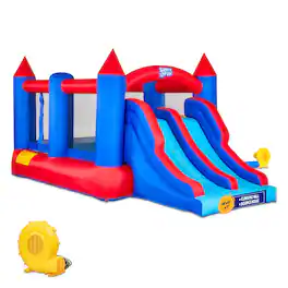 Sunny & Fun - Inflatable Bounce House with Climbing Wall, Dual Slides, Air Pump & Case - Blue/Red