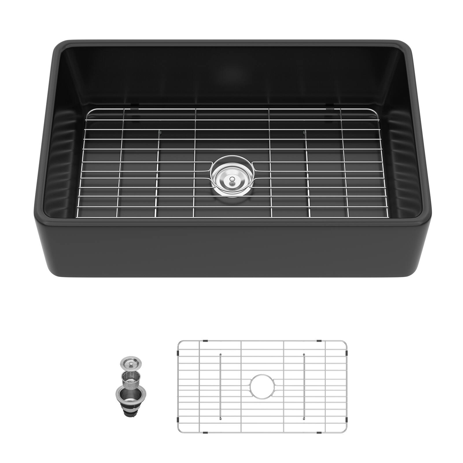 Alt View 1. Siljoy - 33" Matte Black Farmhouse Sink 33 x 20 x 10" Kitchen Sink Apron Front Porcelain Ceramic Single Bowl Farmer Sink Basin - Matte Black.