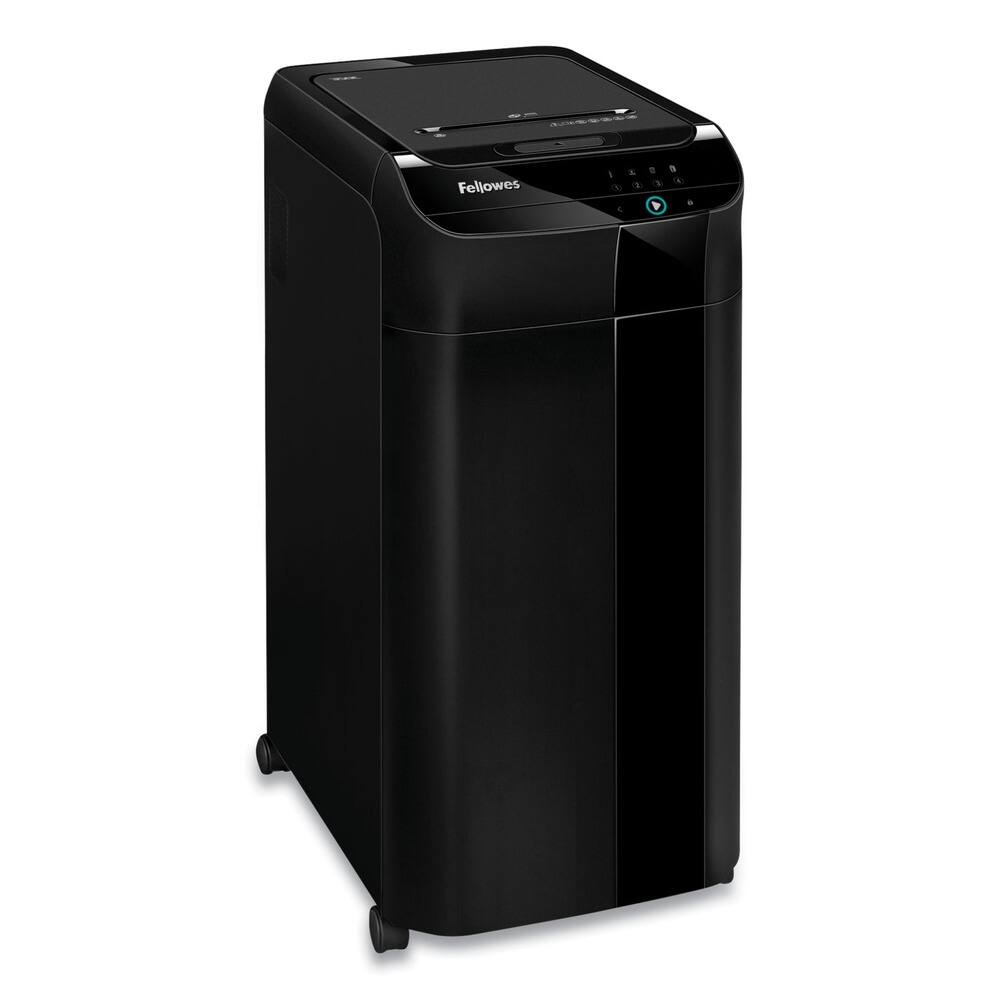 Angle. Fellowes - 4964001 AutoMax 350C 350 Auto/12 Manual Sheet Capacity Auto Feed Cross-Cut Shredder - Black.