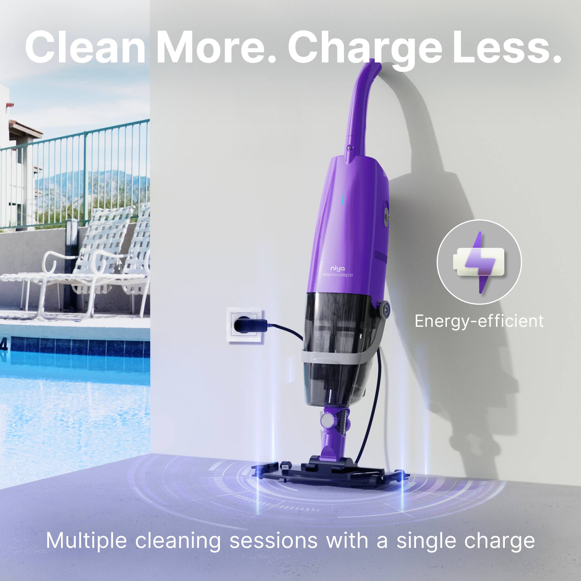 Clean More. Charge Less. 4 in 1 Aquaspin + Energy-efficient Multiple cleaning sessions with a single charge.