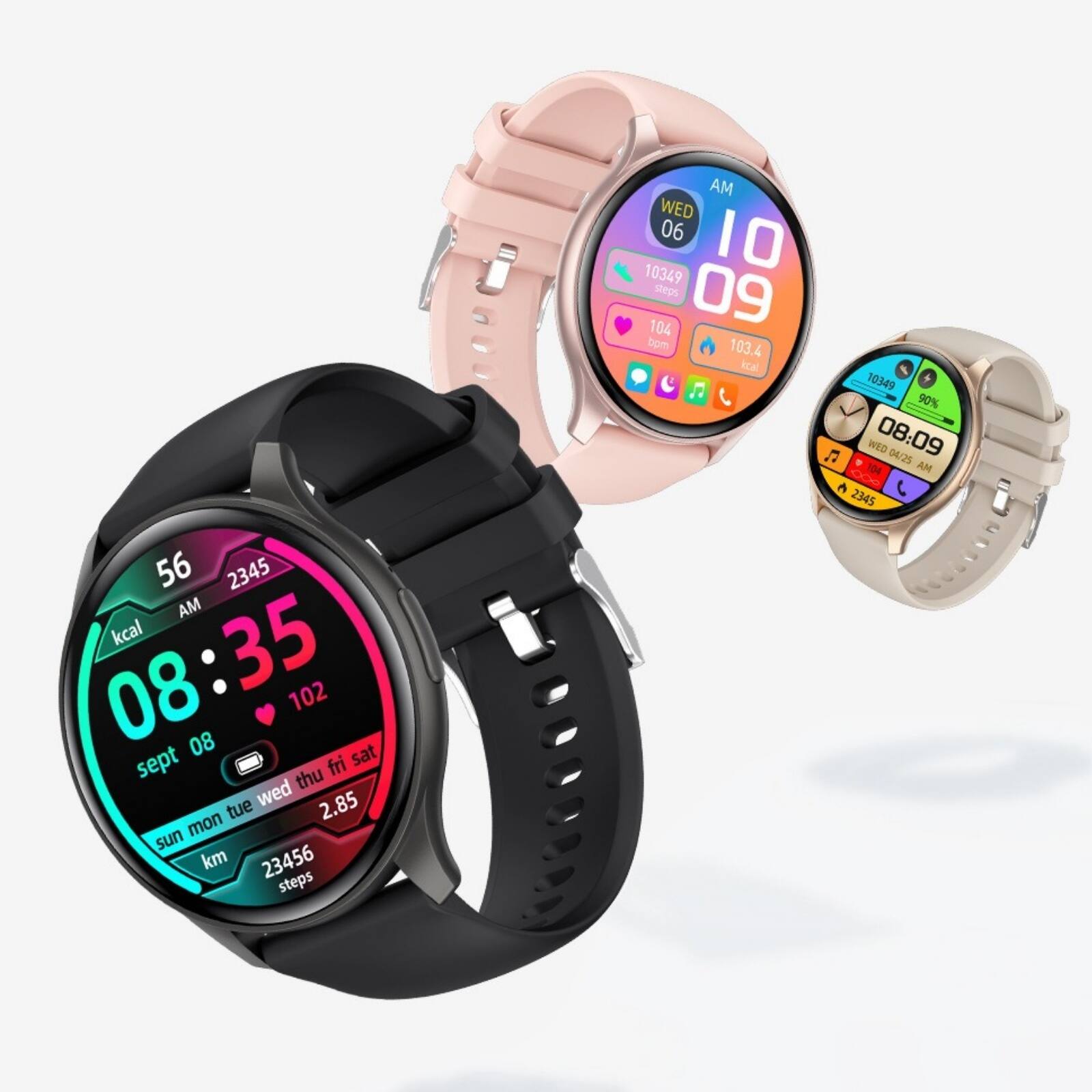 Sure, here is the corrected and grouped text from the image:

**Watch 1:**
- 08:35
- 56 kcal
- 2345 kcal
- 102 bpm
- 2.85 km
- 23456 steps
- sept 08
- sun mon tue wed thu fri sat

**Watch 2:**
- 10:09
- 10349 steps
- 104 bpm
- 103.4 kcal
- 90%
- WED 06
- 08:09
- 04/25
- 2345

**Watch 3:**
- 10:09
- 10349 steps
- 104 bpm
- 103.4 kcal
- 90%
- WED 06
- 08:09
- 04/25
- 2345