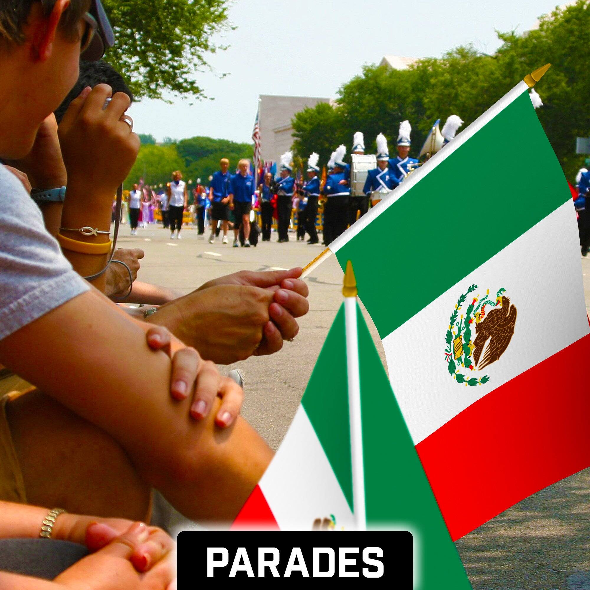 Alt View 1. G128 - 50-Pack Handheld Mexico Flags 12" x 18" 150D Polyester with Wooden Stick and Gold Spear - Assorted Colors.