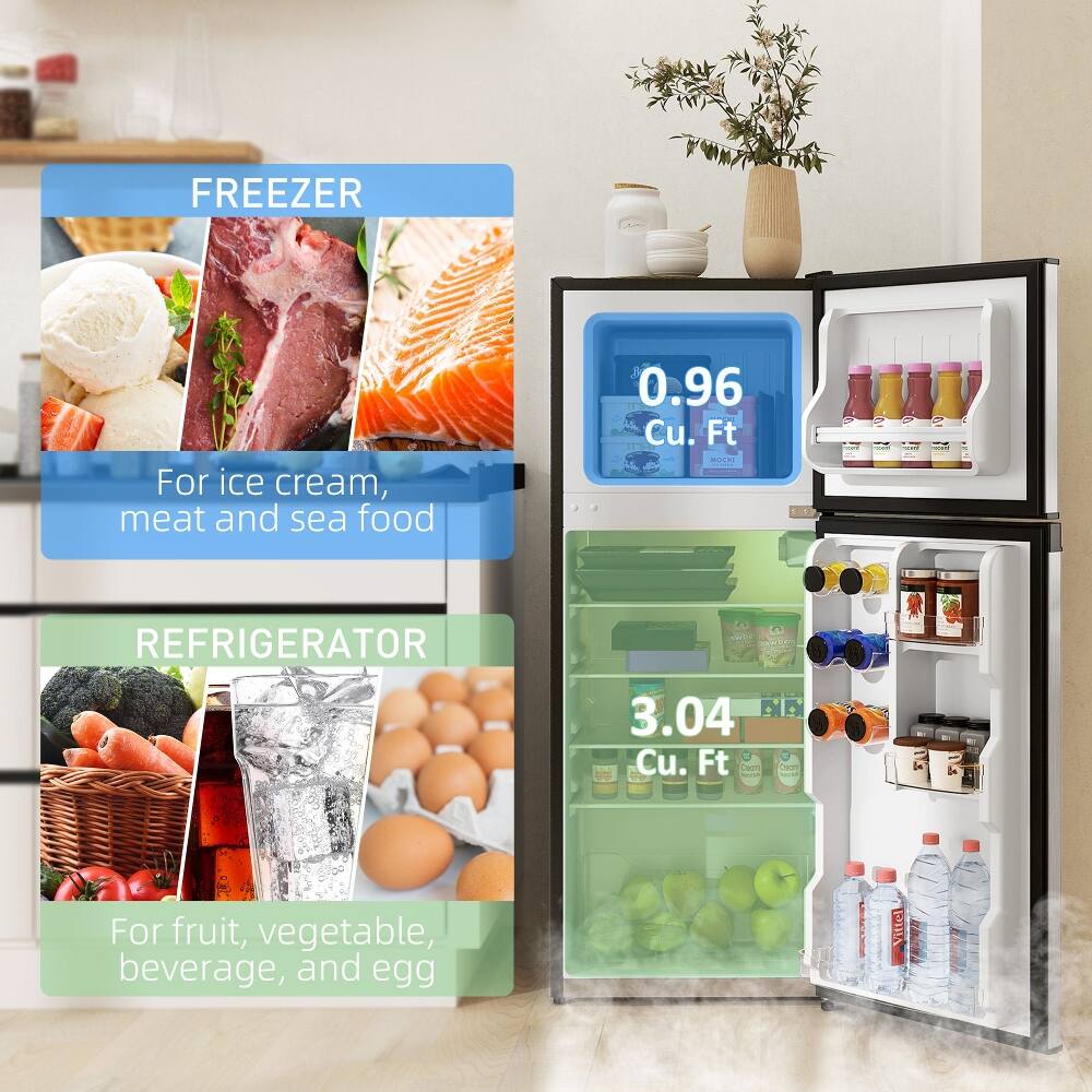 FREEZER  
For ice cream, meat and sea food  
0.96 Cu. Ft.  

REFRIGERATOR  
For fruit, vegetable, beverage, and egg  
3.04 Cu. Ft.  

Coem + Cor  
Vittel