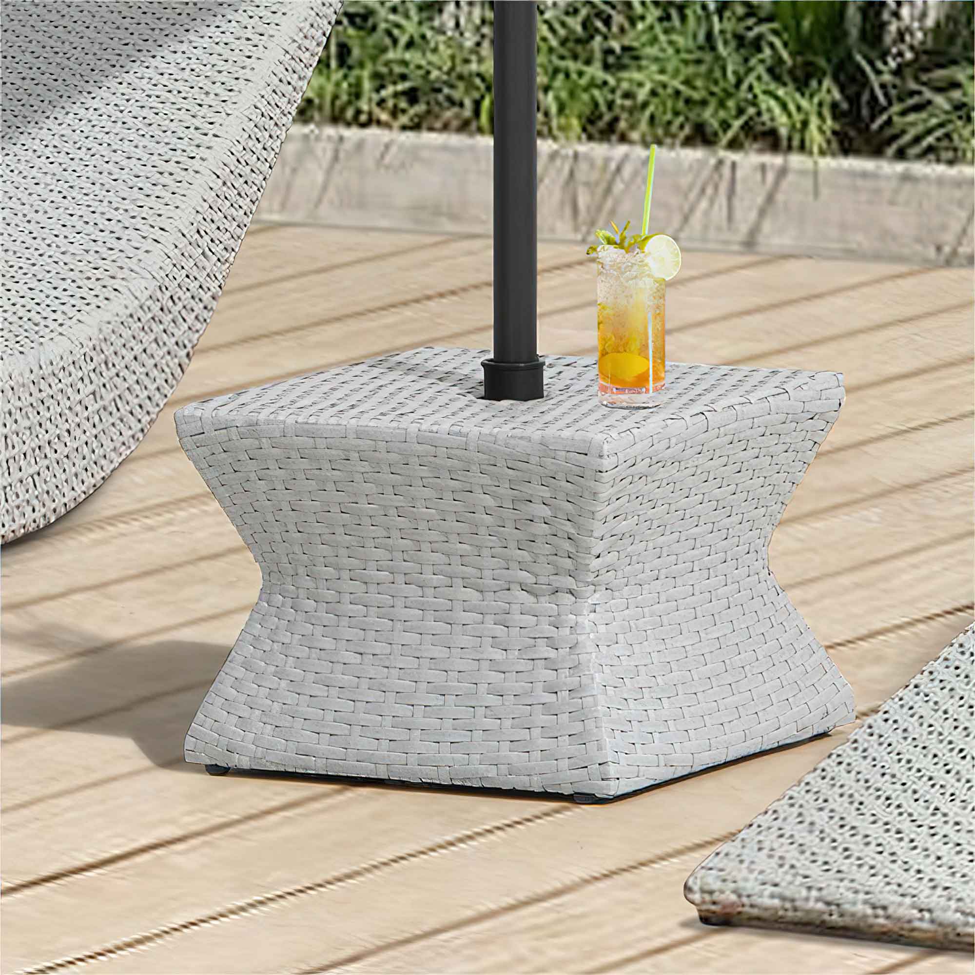Front. SUNJOY - Sunjoy 16” Square Outdoor Wicker Side Table with Umbrella Hole, Combination Umbrella Stand Side Table, Grey - Gray.