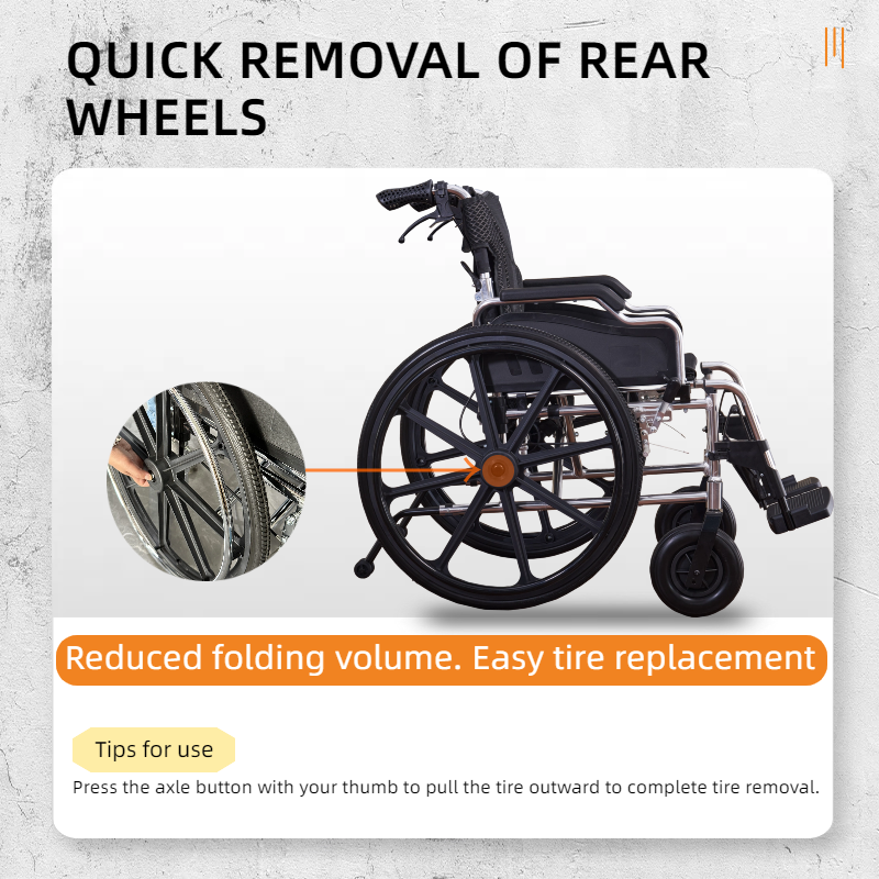 QUICK REMOVAL OF REAR WHEELS

Reduced folding volume. Easy tire replacement

Tips for use
Press the axle button with your thumb to pull the tire outward to complete tire removal.