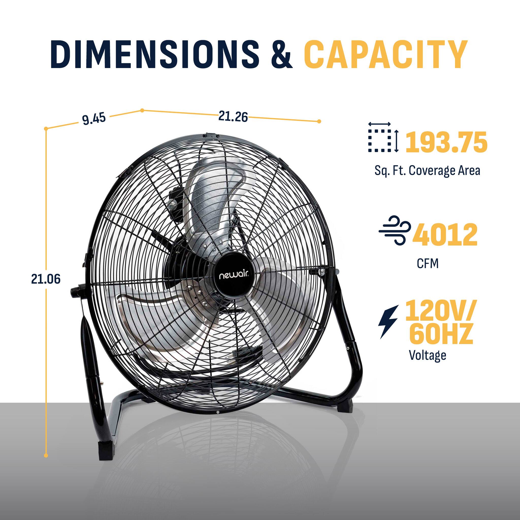 DIMENSIONS & CAPACITY

9.45  
21.26  
193.75 Sq. Ft. Coverage Area  
21.06  
newair.  
4012 CFM 120V/ 60HZ Voltage