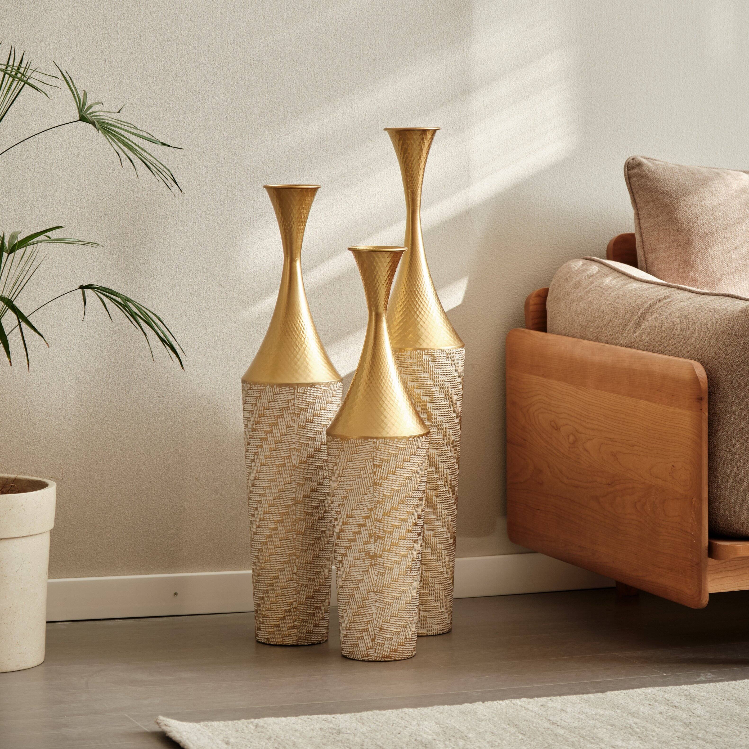 Back. Anysun - Modern Woven Pattern Metal Floor Vase 3-Piece Set - Glazed Finish for Home Decoration - Gold.