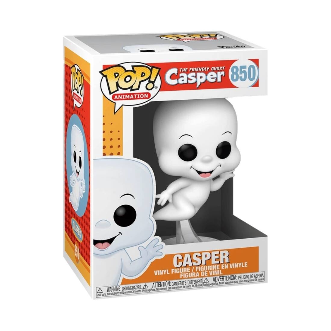 Sure, here is the corrected and grouped text from the image:

---

**POP! ANIMATION**

**THE FRIENDLY GHOST Casper**

**850**

**CASPER**

**VINYL FIGURE / FIGURINE EN VINYLE / FIGURA DE VINIL**

**WARNING: CHOKING HAZARD - Small parts. Not for children under 3 years.**

**ATTENTION: PELIGRO DE ASFIXIA - ADVERTENCIA: PEQUEÑOS PIEZAS, NO APTO PARA MENORES DE 3 AÑOS.**

**DANGER - ATTENTION: PEU D'ASPIRATION - ADVERTENCIA: PEQUEÑOS PIEZAS, NO APTO PARA MENORES DE 3 AÑOS.**

---

This text is organized to reflect the information on the packaging.