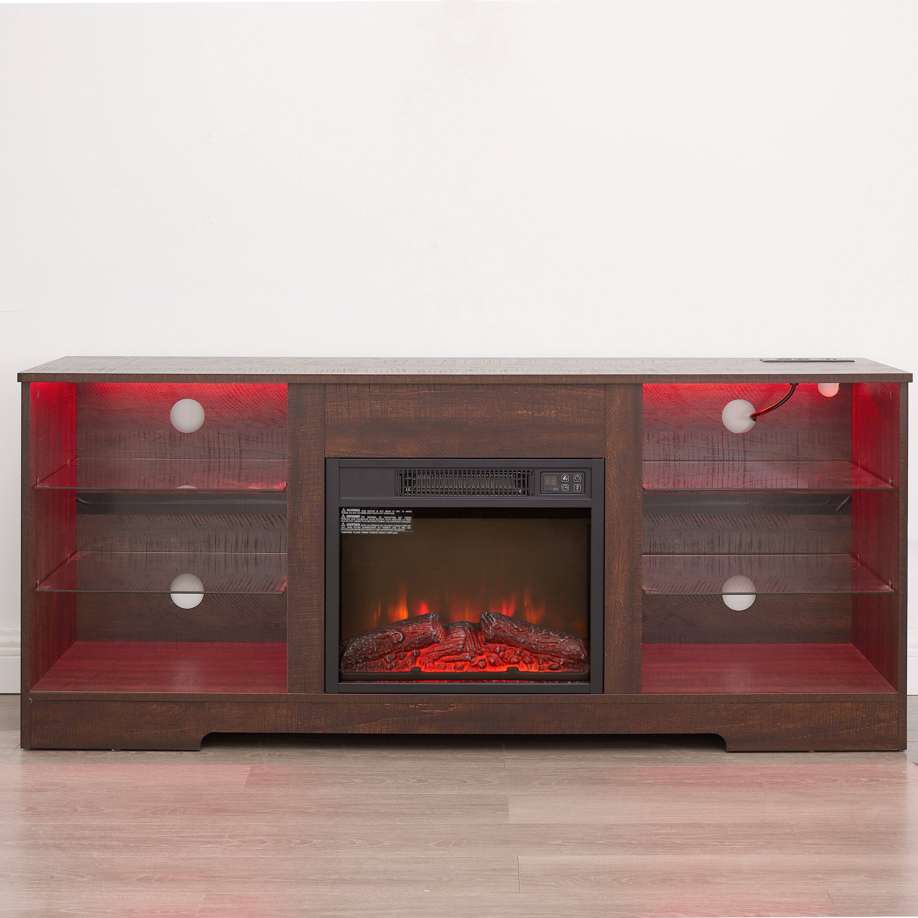 Alt View 5. Whisen - 58" Electric Fireplace TV Stand with Glass Shelves, LED Lights, Power Outlets for TVs up to 62" - Espresso|Black.