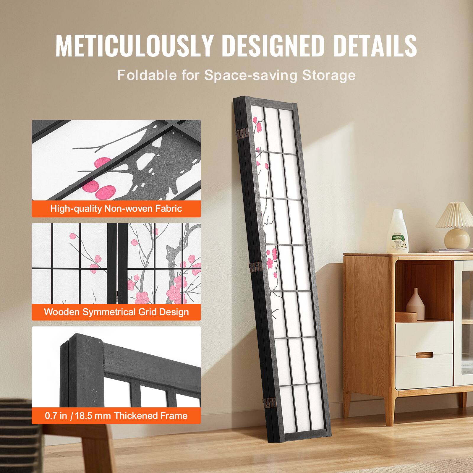 METICULOUSLY DESIGNED DETAILS  
Foldable for Space-saving Storage  

- High-quality Non-woven Fabric  
- Wooden Symmetrical Grid Design  
- 0.7 in / 18.5 mm Thickened Frame