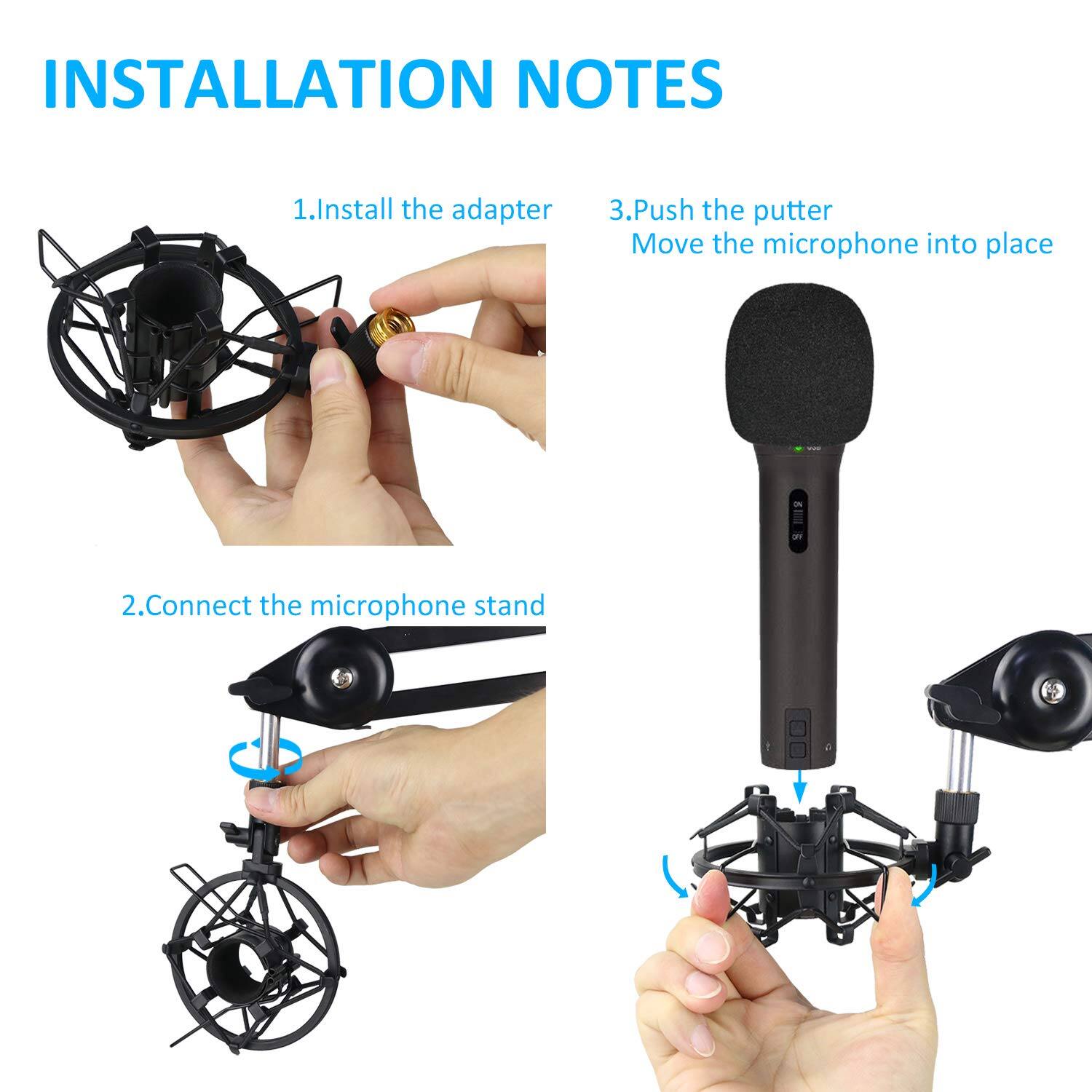 INSTALLATION NOTES

1. Install the adapter

2. Connect the microphone stand

3. Push the putter
   Move the microphone into place