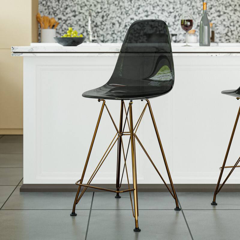 Left. LeisureMod - Cresco Modern Acrylic Barstool, Clear Swivel Counter Height Stool with Gold Chrome Base Footrest - Transparent Black.