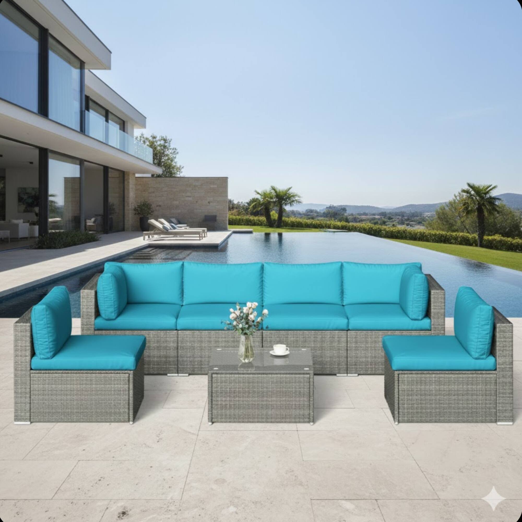 Left. Mondawe - 7-Piece Wicker Couch Patio Set with Removable Cushions and Glass Coffee Table - Grey+Blue.