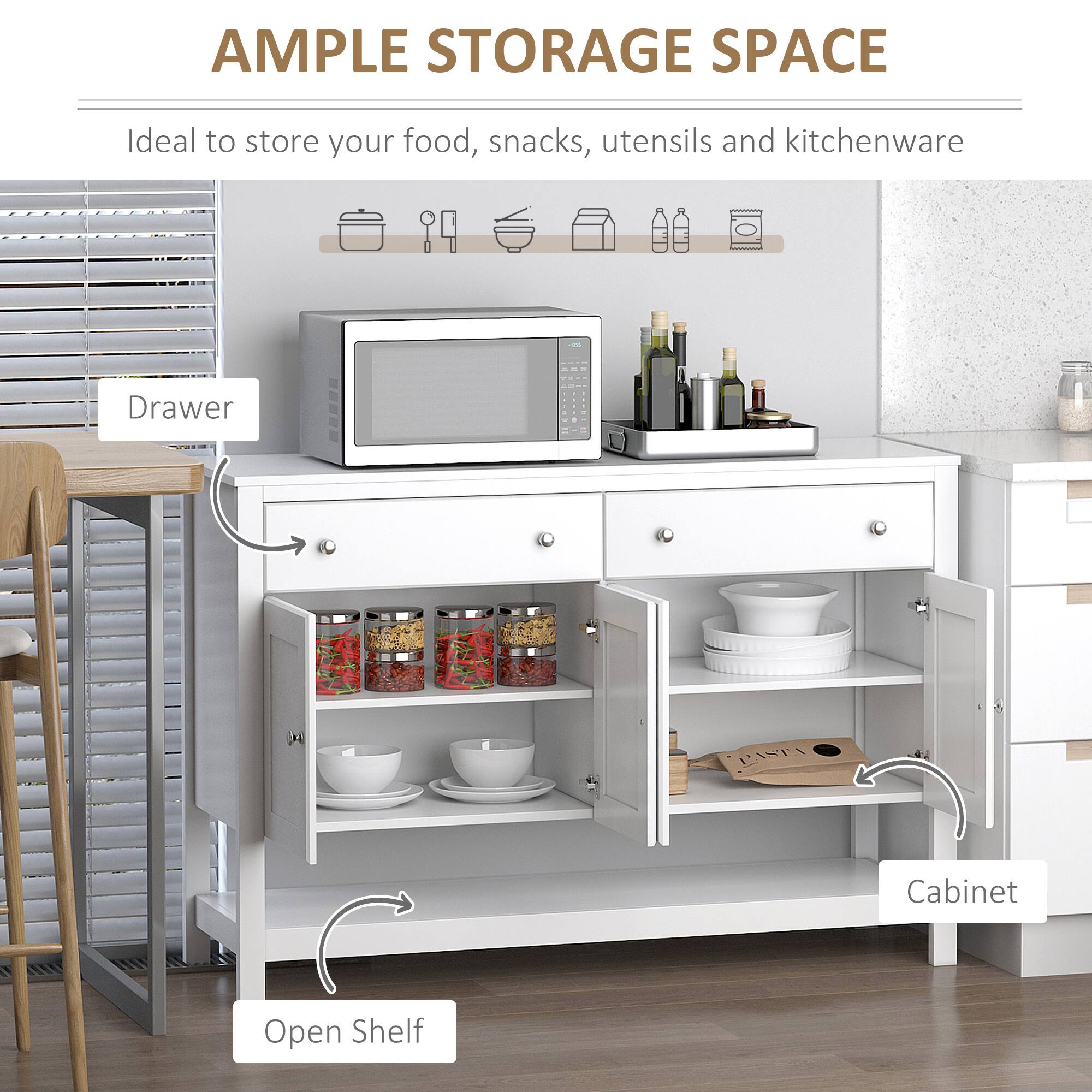 AMPLE STORAGE SPACE
Ideal to store your food, snacks, utensils and kitchenware
Drawer
Cabinet
Open Shelf