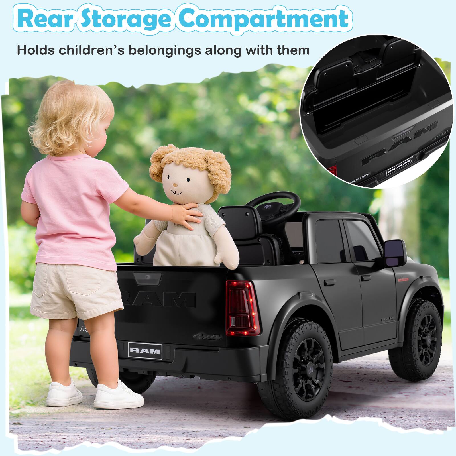 Rear Storage Compartment  
Holds children's belongings along with them