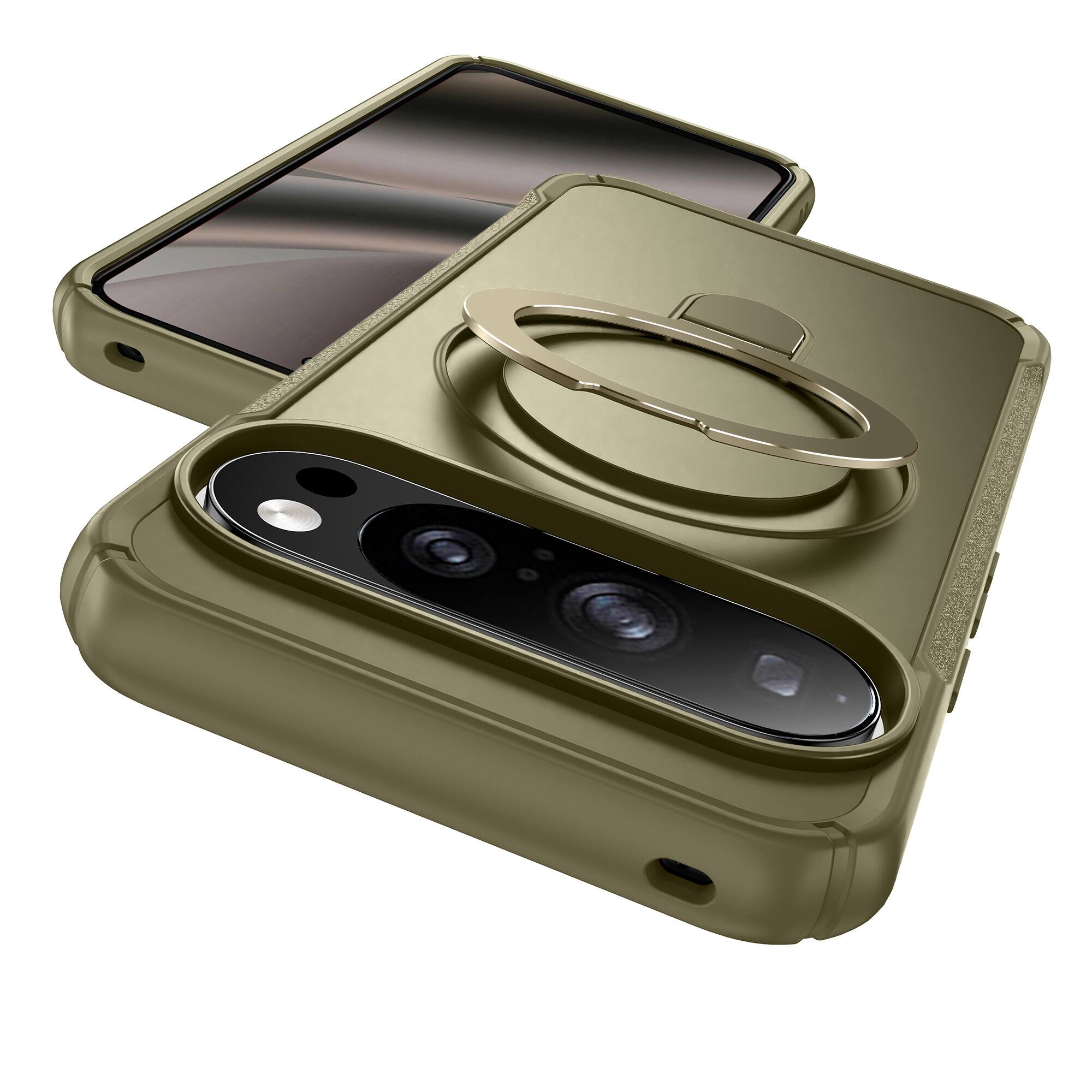 Angle. Dteck - Rugged Case For Google Pixel 11 Pro XL Slim Magnetic Shockproof Non-slip Cover With Adjustable Ring Stand - Khaki.