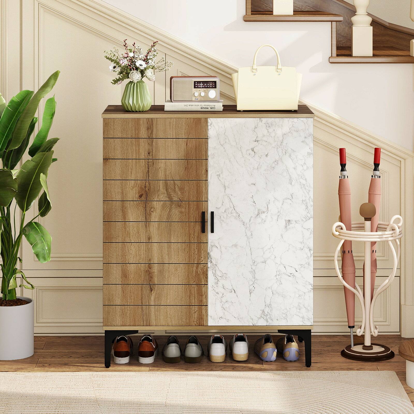 Alt View 3. Gymax - Gymax 4 Tier Shoe Cabinet w/ Doors Removable Shelves & Metal Legs for Entryway - White.