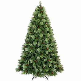 RYHNUYNE - 8FT Pre-Lit Artificial Christmas Tree With 660 Warm White LED Lights and 1897 Tips, Pine Cones and Iron Base - Green