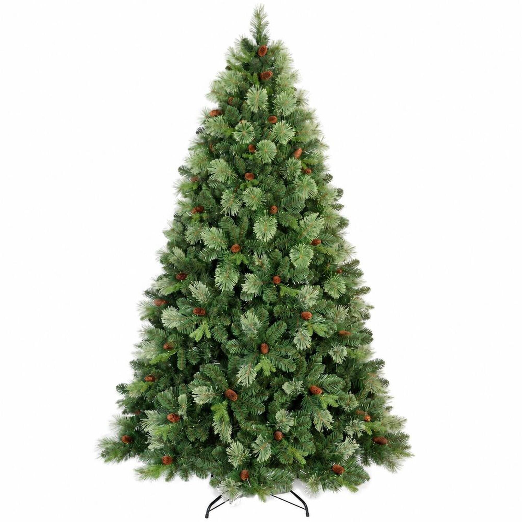 Front. RYHNUYNE - 8FT Pre-Lit Artificial Christmas Tree With 660 Warm White LED Lights and 1897 Tips, Pine Cones and Iron Base - Green.