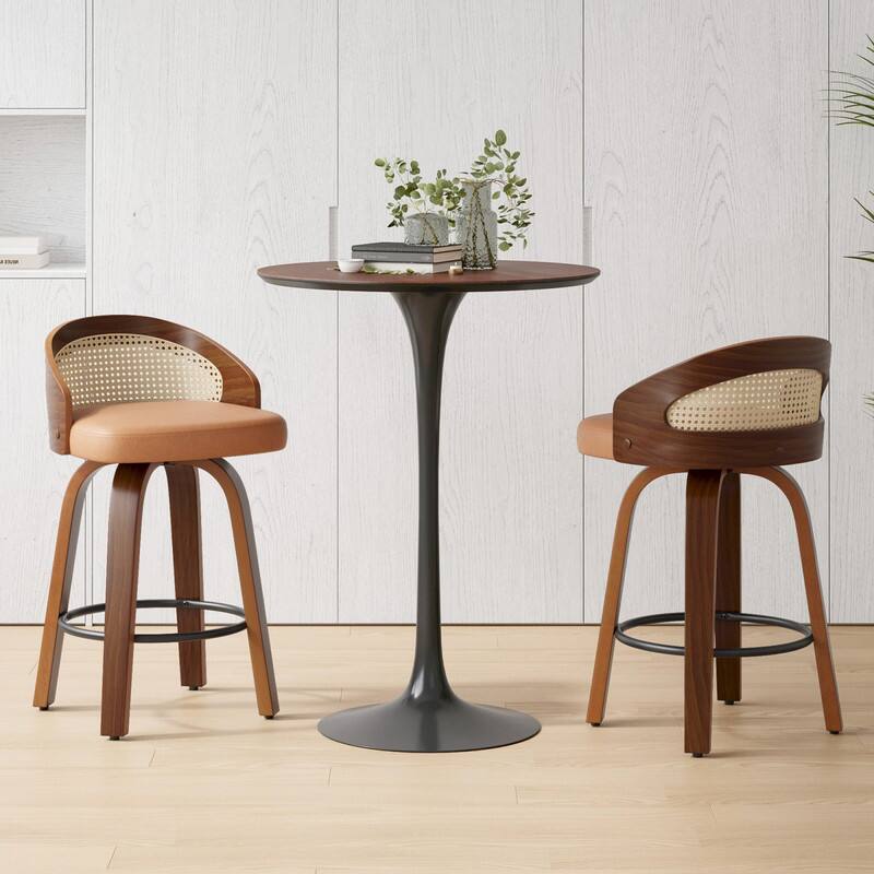 Alt View 4. HTUTWOO - Swivel Bar Stools Set of 2, 360° Rotation PU Leather Rattan Back Barstools with Footrest,for Kitchen Island Home Bar - Yellow.