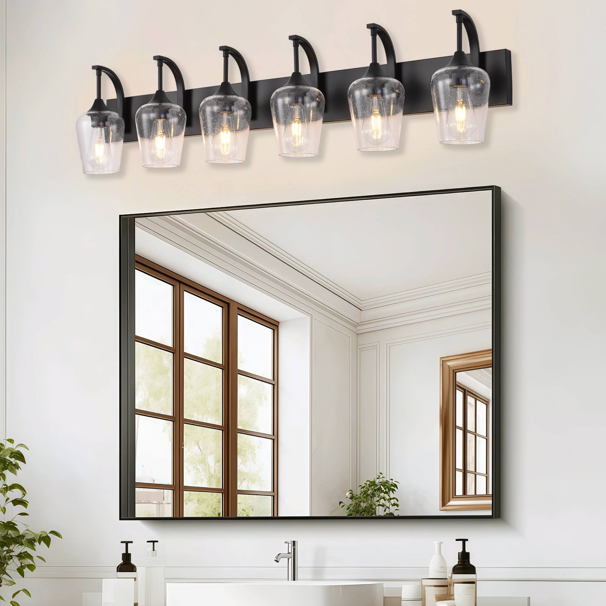 Angle. RYHNUYNE - Black Bathroom Light Fixtures,6-Light Industrial Vanity Light with Clear Glass Shades,Bathroom Wall Lamp Over Mirror - Black.