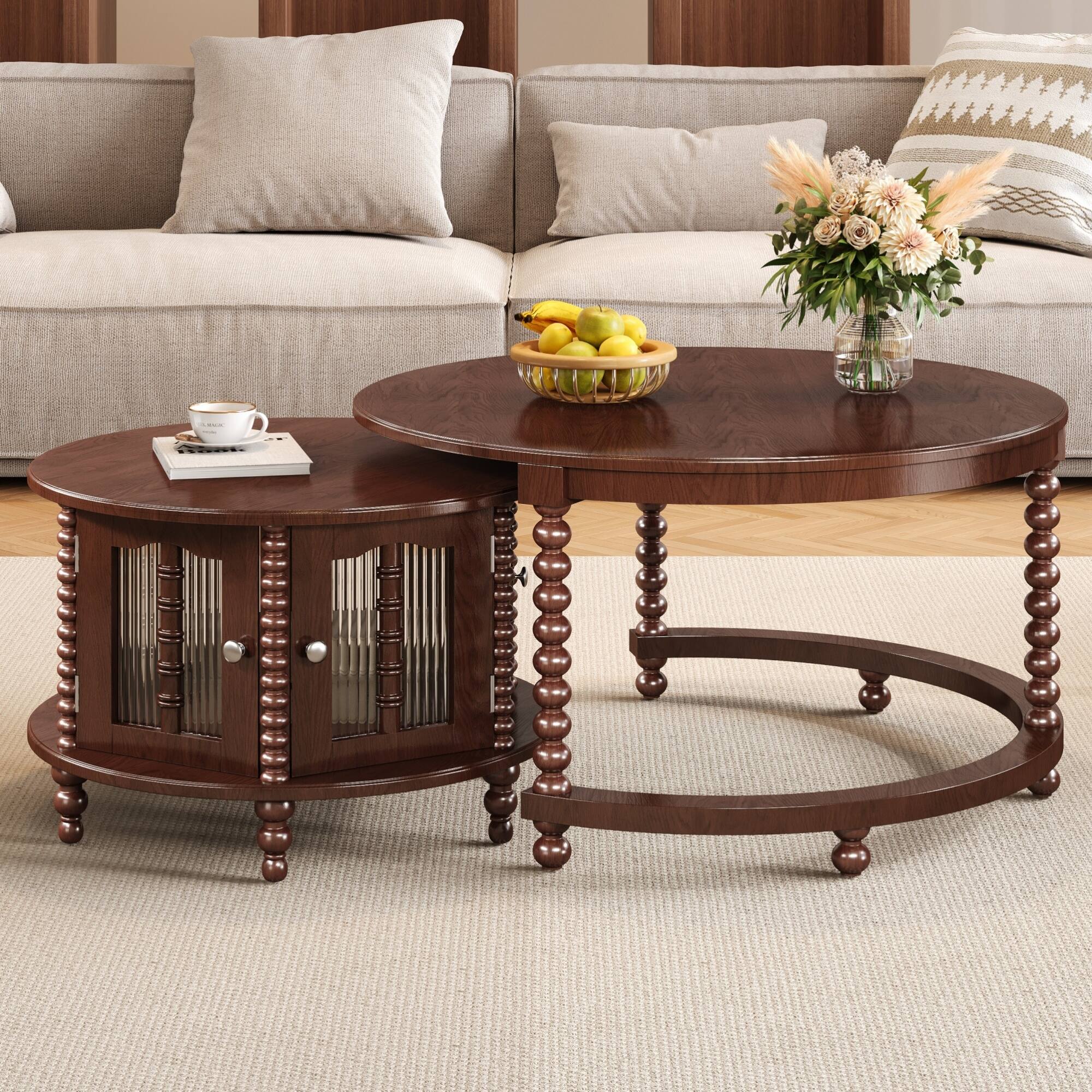 Left. GOODSILO - Vintage Round Nesting Coffee Table with Bamboo-Shaped Glass Doors and Retro Beaded Legs - Walnut.
