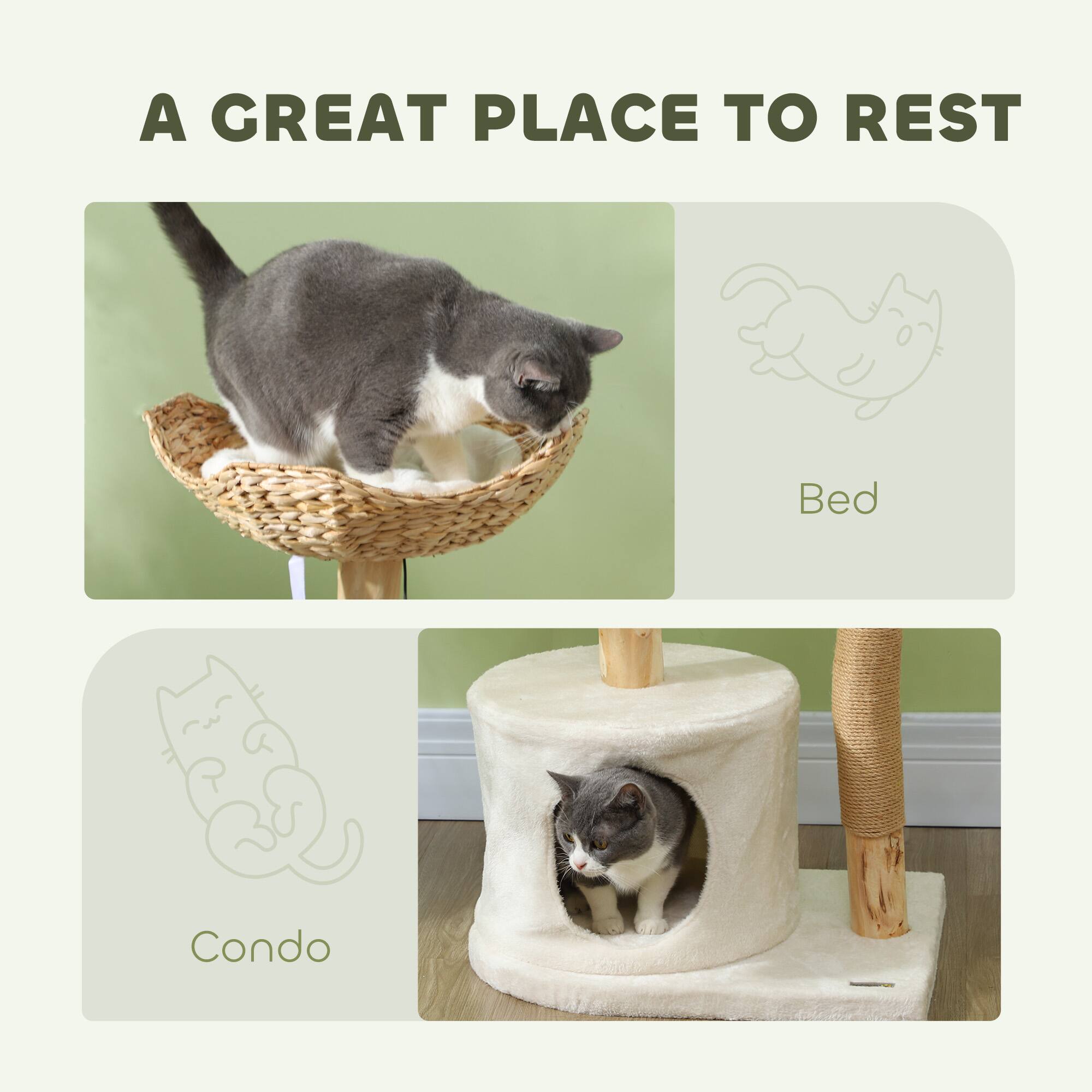 Alt View 1. Pawhut - 37" Cat Tree Tower for Indoor Cats, Modern Style with Wooden Scratching Posts, Condo, Beds, Toy Balls, Washable Cushions - Cream White.