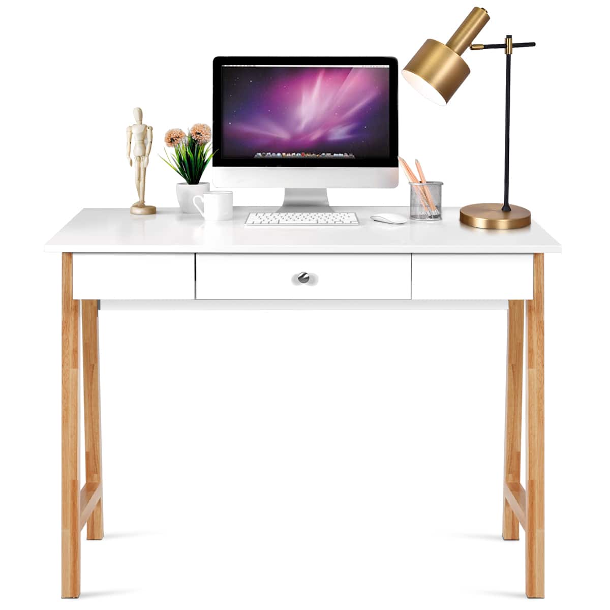 Front. Costway - Writing Desk with Drawer and Wood Legs - White.