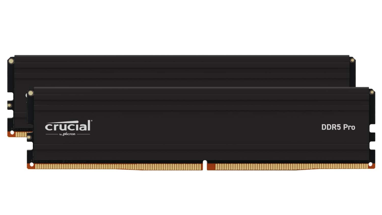 The image features a black Crucial DDR5 Pro memory card, which is a type of RAM used in computers. The card is designed for use with DDR5 Pro memory, which is a high-performance memory technology. The memory card is placed on a white background, making it the main focus of the image.