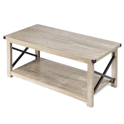Front. Costway - 43.5'' Rustic Coffee Table Farmhouse Cocktail Table w/ Storage Shelf - Grey.