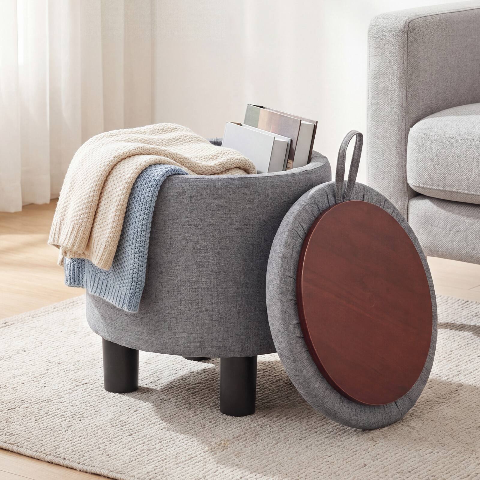 Alt View 3. Gymax - Gymax 2PCS Round Storage Ottoman w/Removable Lid Sturdy Legs Storage for Living Room Gray - Gray.