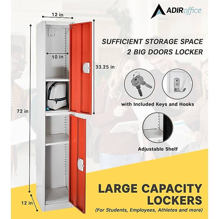 ADIRoffice, SUFFICIENT STORAGE SPACE, 2 BIG DOORS LOCKER, 33.25 in, 72 in, with Included Keys and Hooks, Adjustable Shelf, LARGE CAPACITY LOCKERS (For Students, Employees, Athletes and more), 12 in, 12 in