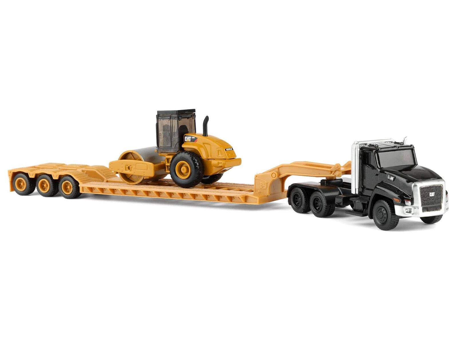Alt View 4. Diecast Masters - Kenworth T880 Tractor Black with Lowboy Trailer and CAT Roller Yellow 1/87 (HO) Scale Diecast Model by Diecast Masters.