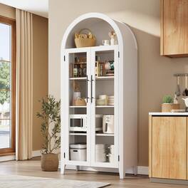 Qeetex - Arched Kitchen Pantry Cabinet with Glass Doors, 5-Tier Storage Cupboard with Adjustable Shelf for Home - White