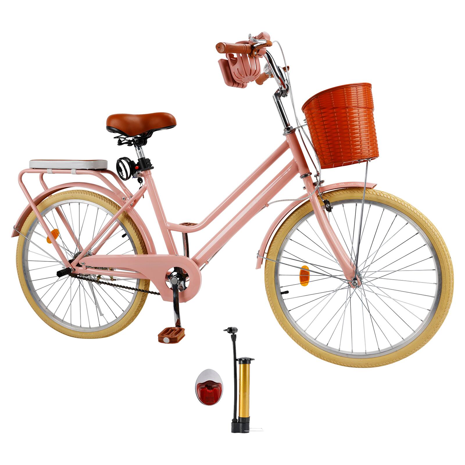 Angle. Topteng - 24 inch Commuter Bicycle with Front Basket & Rear Rack, High Carbon Steel Frame, City Bike for Adult Men and Women-Pink - Pink.