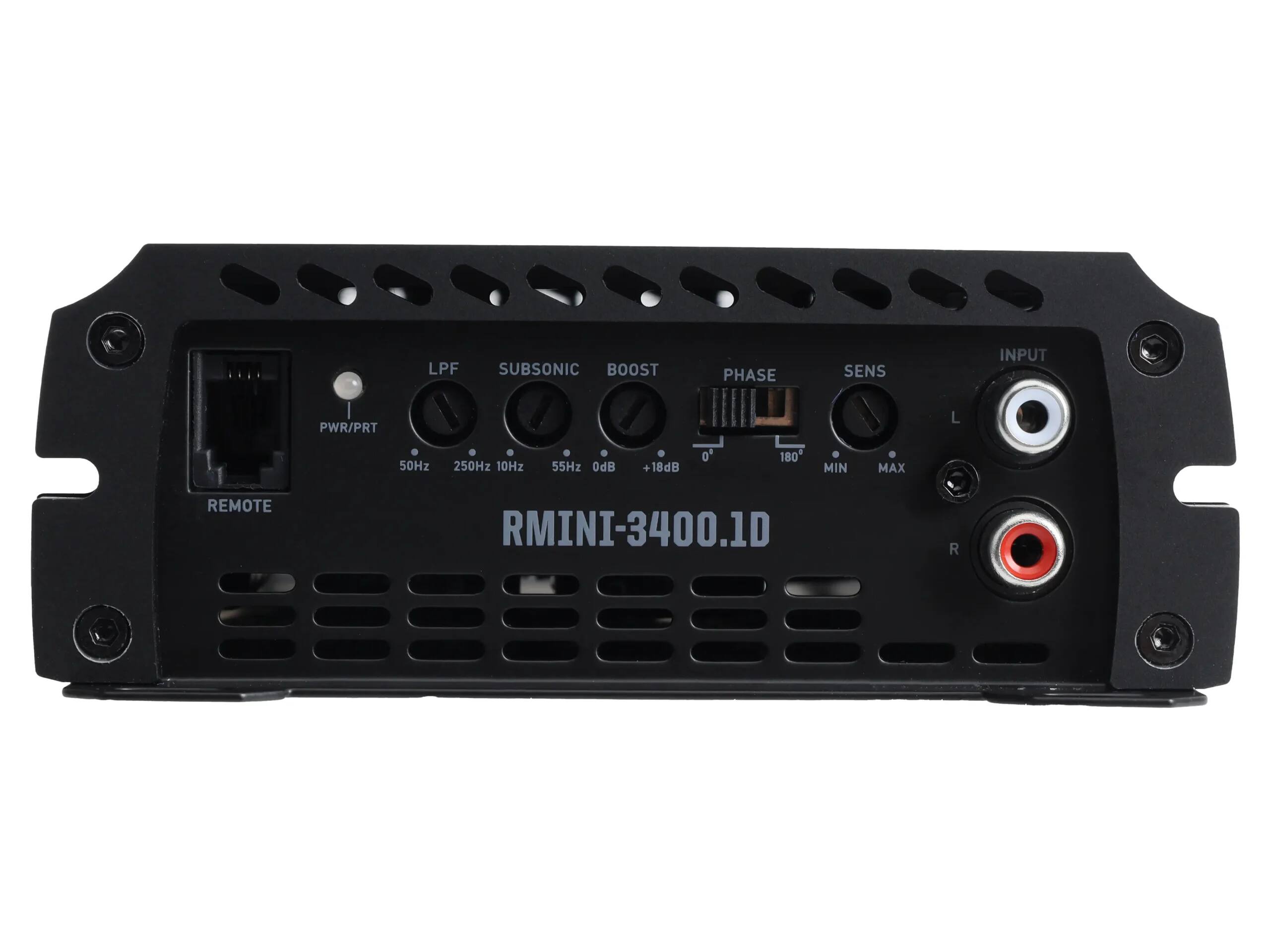 LPF SUBSONIC BOOST PHASE SENS INPUT PWR/PRT L 50Hz 250Hz 10Hz 55Hz 0dB +18dB D 180 MIN MAX REMOTE RMINI-3400.1D R