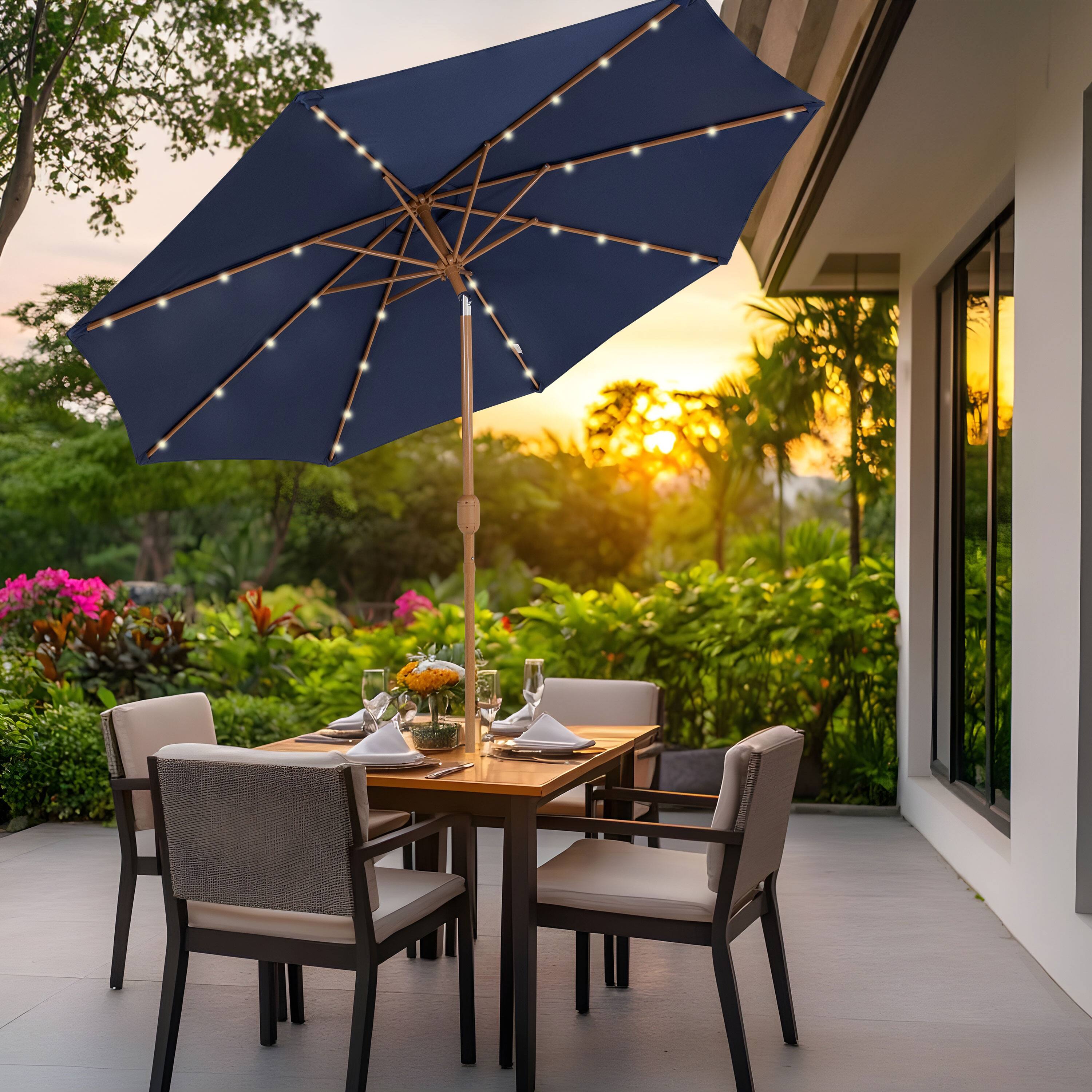 Alt View 7. Sunnydaze - 8.5 ft Solar Patio Umbrella with Faux Woodgrain Finish - Navy Blue.