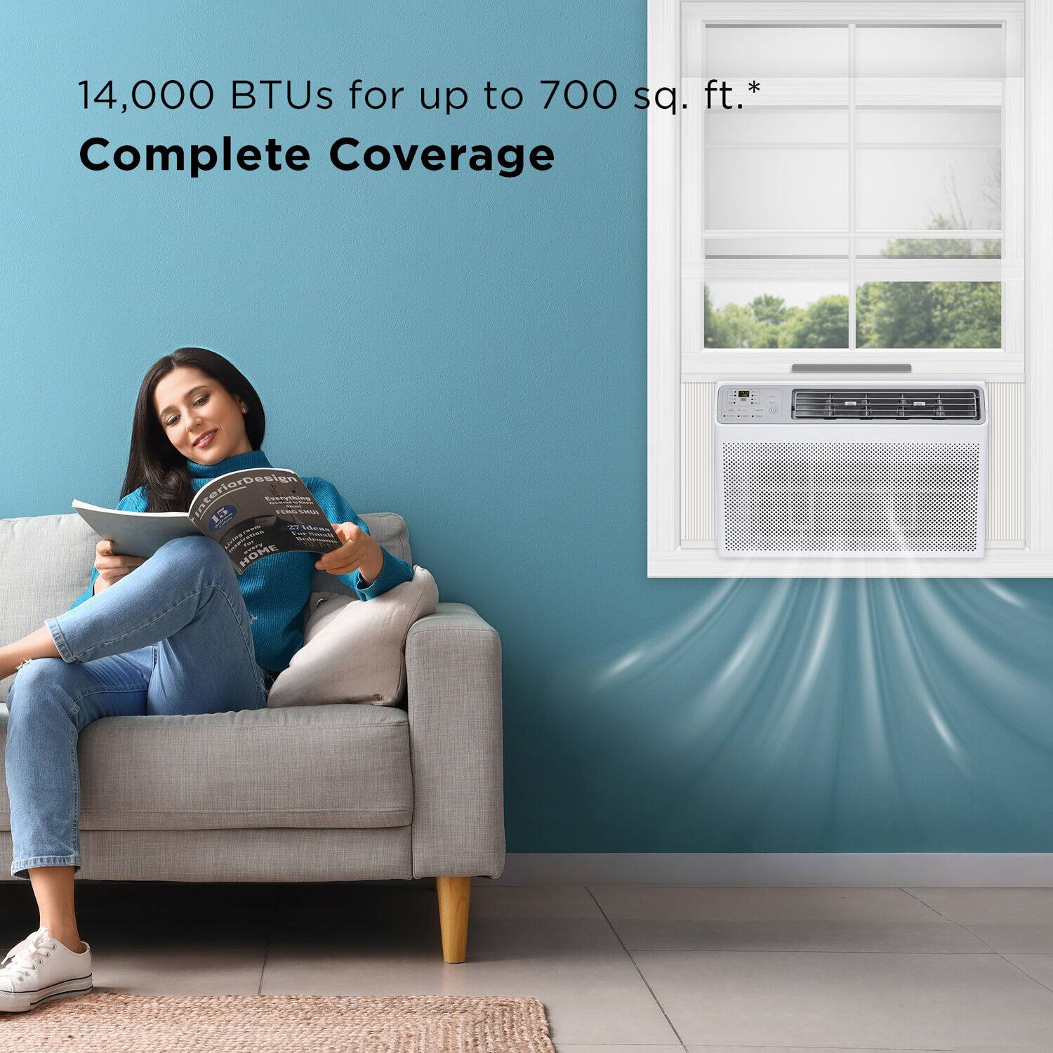14,000 BTUs for up to 700 sq. ft.* Complete Coverage indoor/outdoor air conditioner.