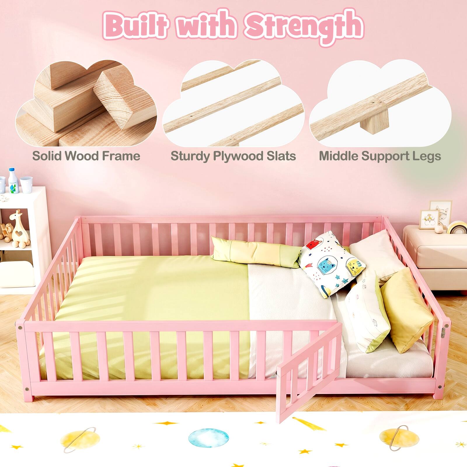 Built with Strength

- Solid Wood Frame
- Sturdy Plywood Slats
- Middle Support Legs