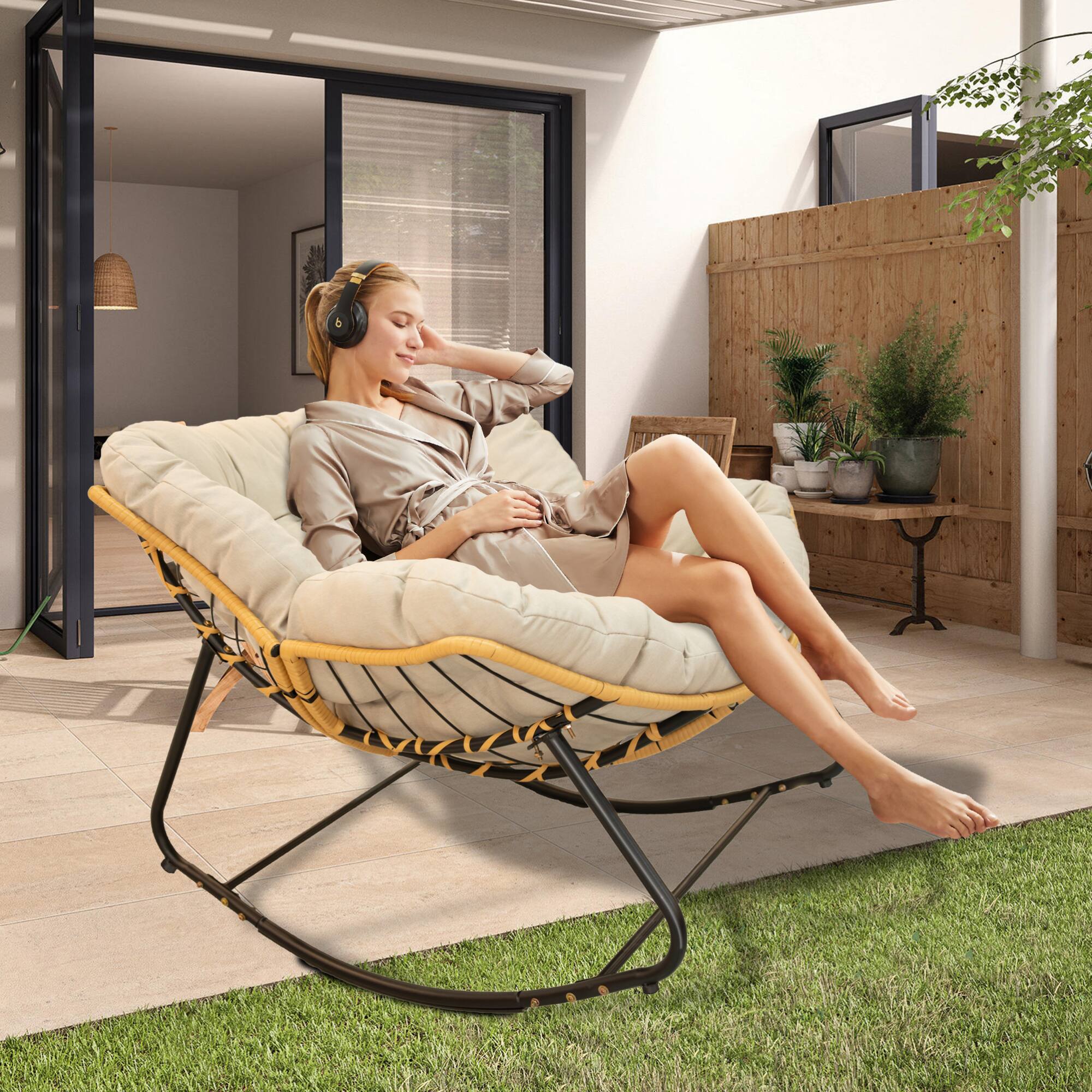 Alt View 6. GOODSILO - Versatile Indoor and Outdoor Rocking Lounge Chair with Rattan Wicker Design for Comfortable Relaxation - Beige+Black.